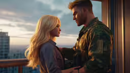 a soldier is holding a blonde haired girl,a soldier and a woman on balcony overlooking the city
