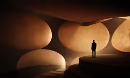 a person stands between several big round balloons