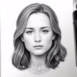 a drawing of a woman next to some pens