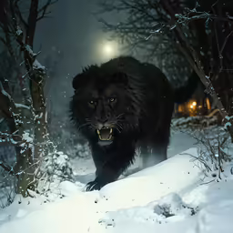 a black beast walking through the snow in front of some trees
