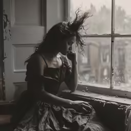 a woman sitting on the windowsill, looking out a window