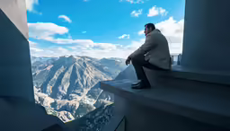 a man sitting on a ledge looking at the mountains