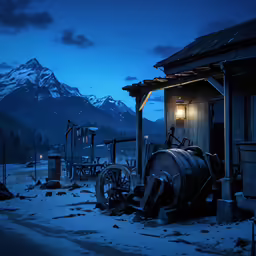 a snowy yard filled with equipment in the dark