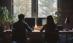 two people sitting at a computer desk looking out the window
