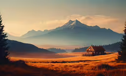 a field with an old, wooden house in the middle,the cabin in the valley surrounded by pine trees is next to a tall mountain