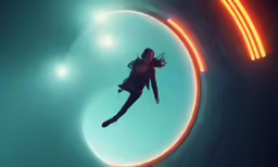 a person flying through the air over a circle