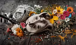 a woman is adorned with flowers and a strange mask