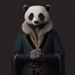 a panda in a coat with a cape