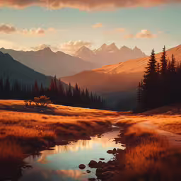 a picture of a river running in the mountains,the sun shining through clouds and mountains with a river in the foreground