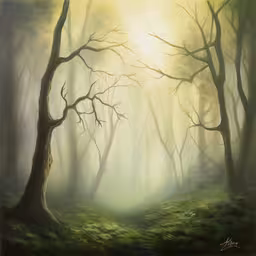 an oil painting of a forest scene with trees,the sun shines through trees in a foggy forest