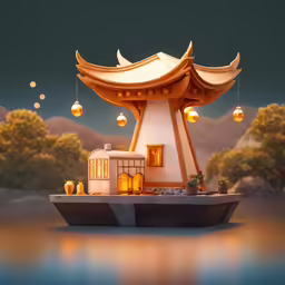 a building in a 3d landscape with lanterns and lights