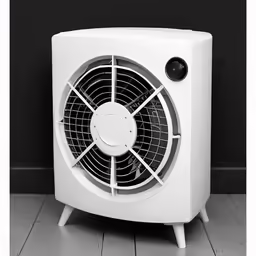 the front view of an electric heater with fan on top