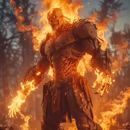 a character stands surrounded by fire in the background