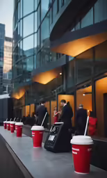 coffee cups and cell phones are lined up on the outside deck