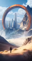 a man walks on a desert in front of a giant circle