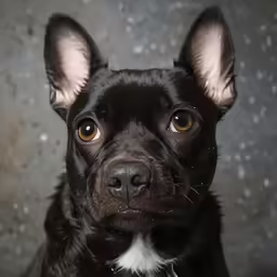 a black and white dog sitting down looking straight ahead