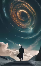 man looking at spirally shaped galaxy in the sky