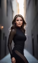a woman wearing black posing in an alley