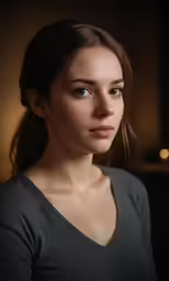 a woman with brown hair is looking at the camera