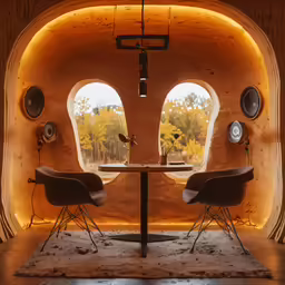 a room that has some weird shaped chairs inside