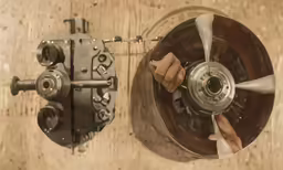 two old metal parts with a brown rope tied around them