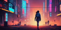woman walking on the city street in cyber light,an animation of a girl walking on a deserted street in a neon city