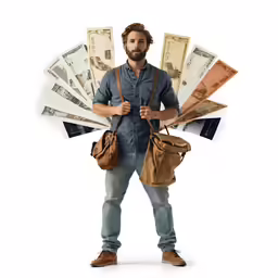 a man with a backpack standing in front of money