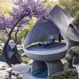 an unusual house in the rocks with a pool