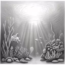 a fish swimming among coral reefs with sunbeams,a black and white drawing of a sea scene,a black and white drawing of a underwater scene,a painting of a sea underwater scene,underwater scene with sea corals and fish