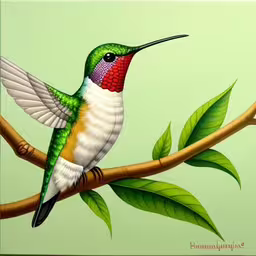 a bird sitting on top of a branch next to green leaves,a hummingbird on the branch of a tree