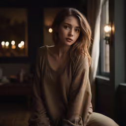 a beautiful woman wearing a brown top sitting in front of a window