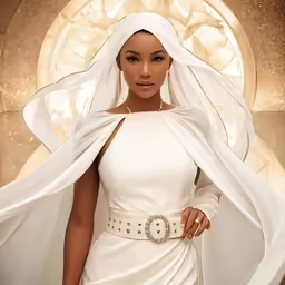 an african woman wearing a white wedding dress with her veil folded over her head