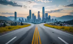 a beautiful view of some buildings with yellow striped roads
