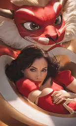 a woman in red dress with cat mask and tail