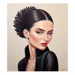the painting shows a woman with long black hair,a woman wearing a black dress and black gloves,this is a caricature of a young woman,a portrait of a woman with an interesting haircut,a painting of a woman with black hair