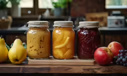 five jars filled with fruit and vegetables on a table