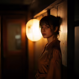 a woman stands against the wall, her eyes closed, in a dark room
