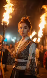 the woman in costume is holding up a flame wand
