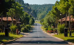 the road that is lined with houses is shown