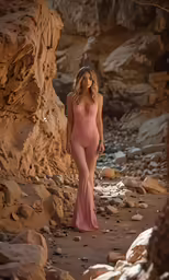 woman wearing a pink halter swimsuit standing against a rocky wall