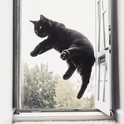 the black cat is standing up on a window ledge