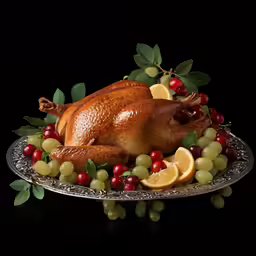 a turkey sitting on a table with grapes and apples