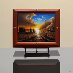 a tv on a stand on display in front of a painting