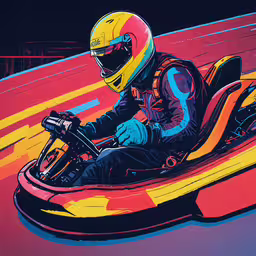 a person riding an electric car with yellow helmet on,a painting of a person driving on a race car