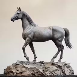 the statue is of a gray horse with a black mane