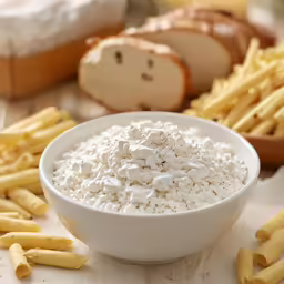 a white bowl full of rice sitting next to slices of bread