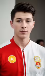 young teenager in red and white uniform with a gold crest
