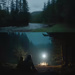 two people sitting in the woods near a fire, and one standing at night, near a campfire