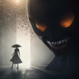 woman with umbrella walking through a dark room