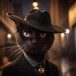 a cat wearing a suit, tie, and hat in a dark street